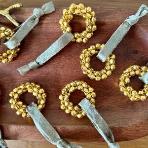 8 Gold Beaded Holiday Ornaments With Taupe Velvet Ribbon